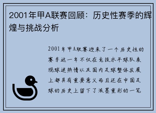 2001年甲A联赛回顾：历史性赛季的辉煌与挑战分析