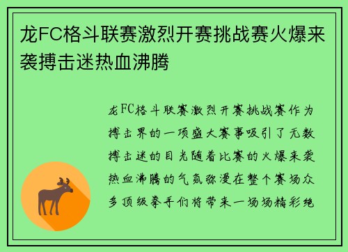 龙FC格斗联赛激烈开赛挑战赛火爆来袭搏击迷热血沸腾
